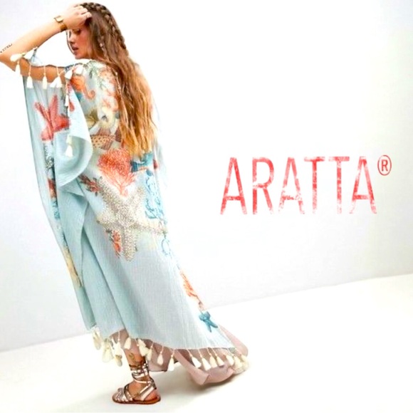 Aratta Maxi Kimono Tassel Trim In Ocean View Coral Reef Coastal Festival Print - Picture 1 of 6